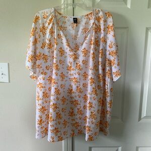 SHEIN White and Orange Ruffled 3/4 Sleeve Blouse